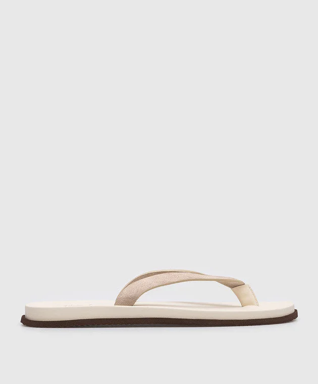 Brunello Cucinelli Mens Suede Flip Flops in Light Brown