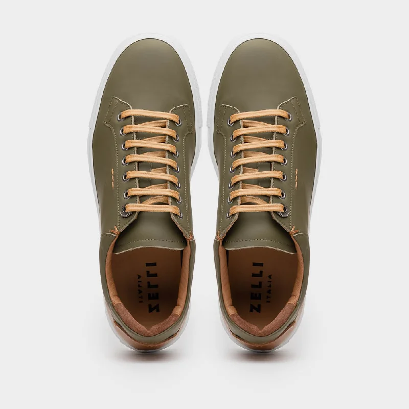 Diaz Matte Finish Rubberized Calfskin Sneaker in Olive Green by Zelli Italia