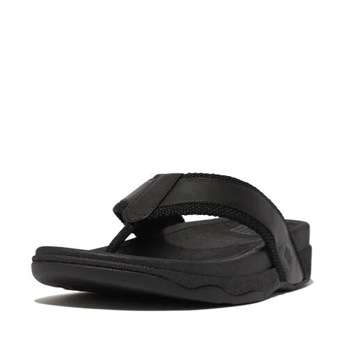 FitFlop Men's Surfer Webbing/Leather Toe-Post Sandals Slides - Black