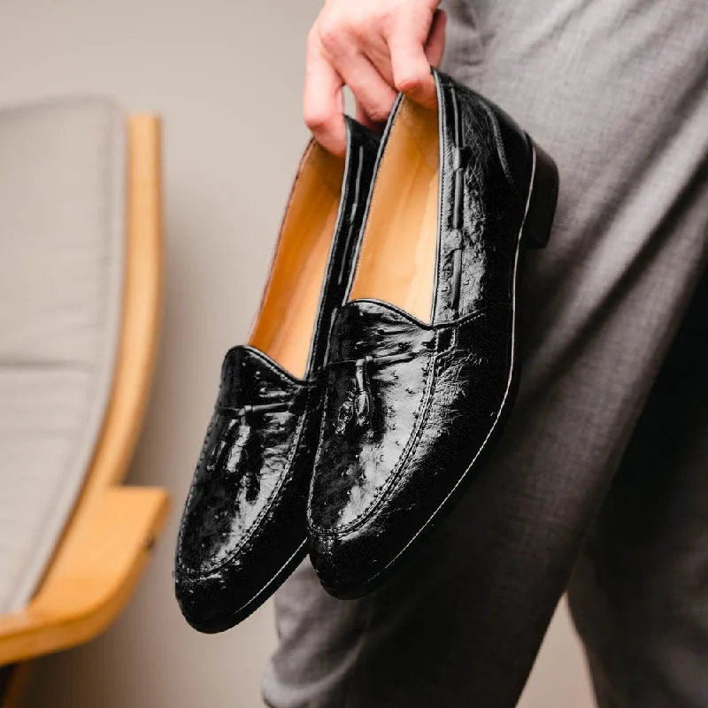 Franco Ostrich Quill Tassel Loafer in Black by Zelli Italia