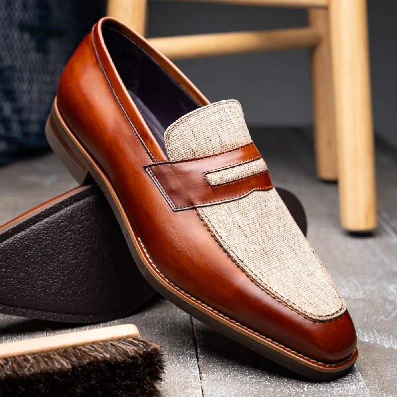 Lago Italian Calfskin and Linen Loafer in Cognac by Zelli Italia