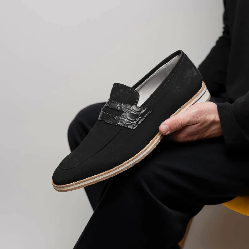 Meo 3 Sueded Goatskin Penny Loafer in Black by Zelli Italia