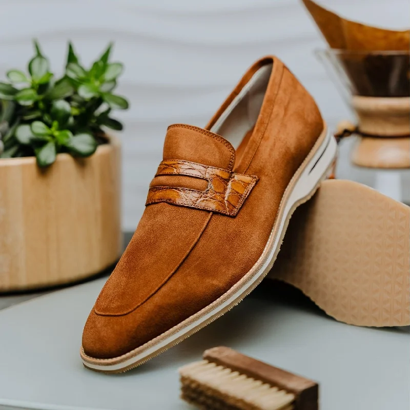 Meo 3 Sueded Goatskin Penny Loafer in Cognac by Zelli Italia