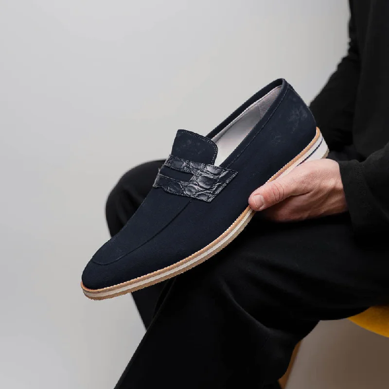 Meo 3 Sueded Goatskin Penny Loafer in Navy by Zelli Italia