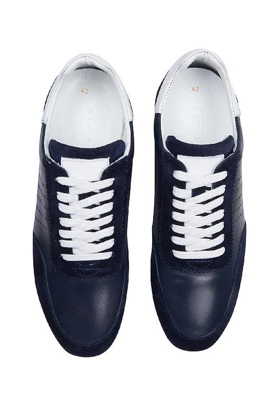 Navy Lace-Up Leather Sneakers, Navy