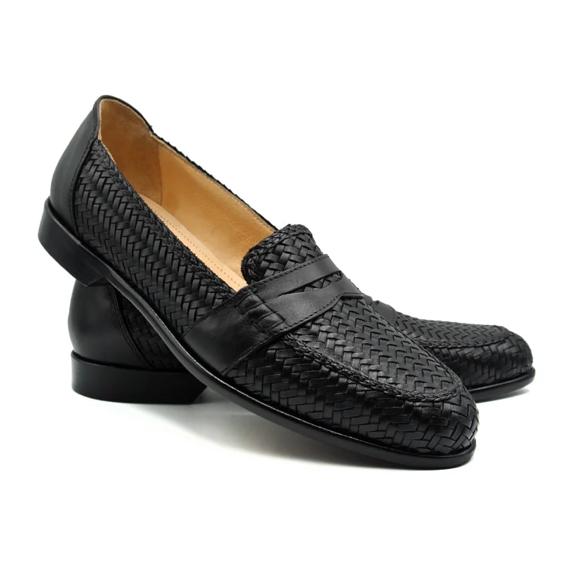 Nicola Woven Italian Calfskin Penny Loafer in Black by Zelli Italia