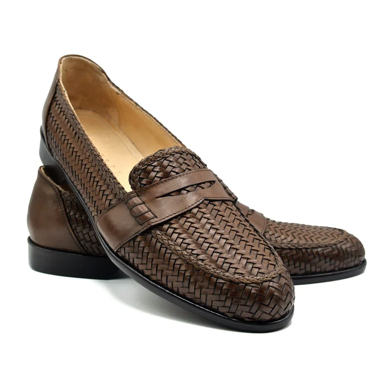 Nicola Woven Italian Calfskin Penny Loafer in Cognac by Zelli Italia