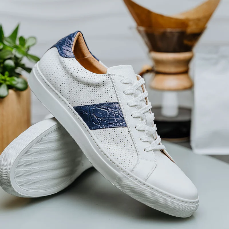 Olympias Italian Calfskin & Crocodile Stripe Sneaker in White/Navy by Zelli Italia