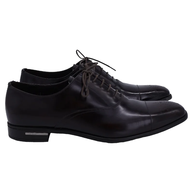 Prada Lace Up Brushed Oxford Shoes in Brown Leather