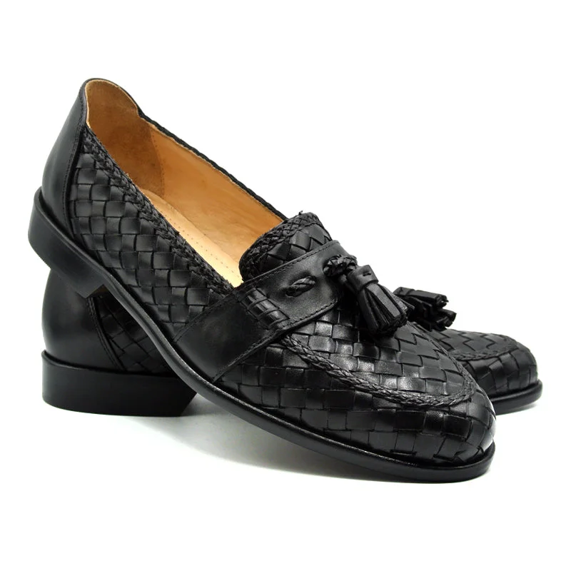 Riviera Basketweave Italian Calfskin Tassel Loafer in Black by Zelli Italia