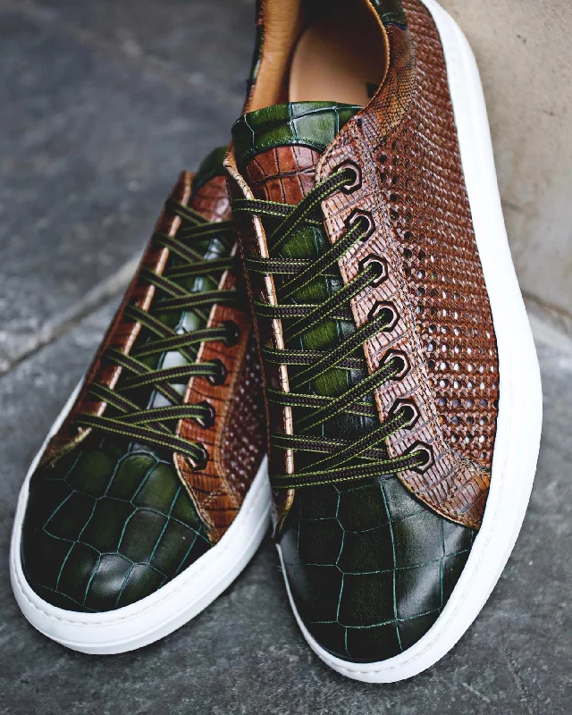 Vento Calfskin Side Weave & Embossed Croc Sneaker in Cognac/Olive by Zelli Italia